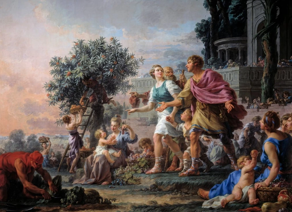 Hallè Noël - Liberalità di Cimone l'Ateniese che invita il popolo a prendere i frutti del suo giardino, Louvre, Parigi